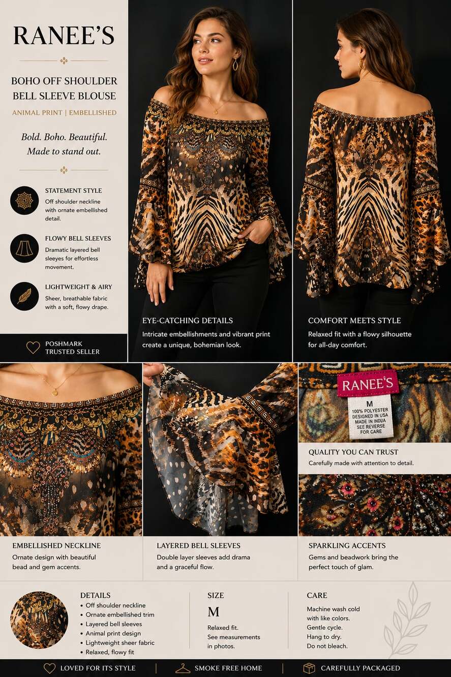 Ranee's Boho Off-Shoulder Embellished Animal Print Bell Sleeve Blouse